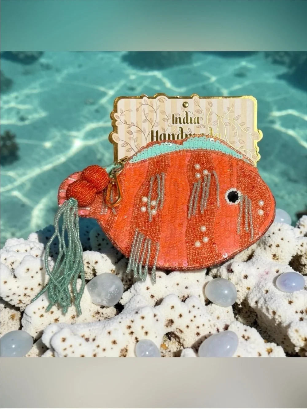 Handmade Coral Beaded Fish Wristlet with Tassel/NIP